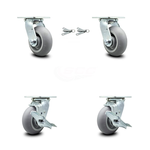 5 Inch Thermoplastic Rubber Caster Set with Ball Bearings 2 Swivel Lock 2 Brake